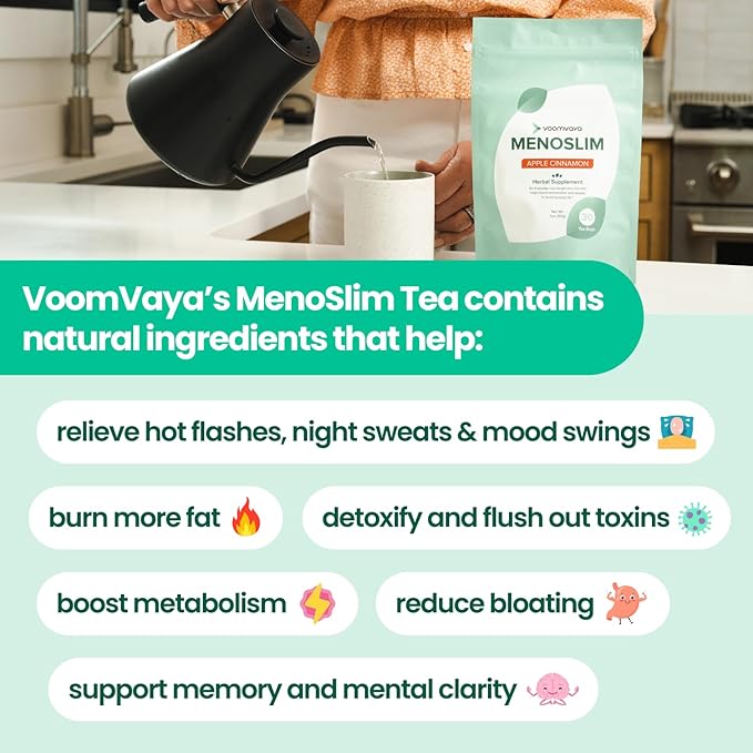 VoomVaya MenoSlim Tea - Hormone Balance Tea, Perimenopause & Estrogen Supplement for Women - for Bloating, Hot Flashes, Night Sweats & Meno-Belly - Acai Berry Flavor - 30 Teabags