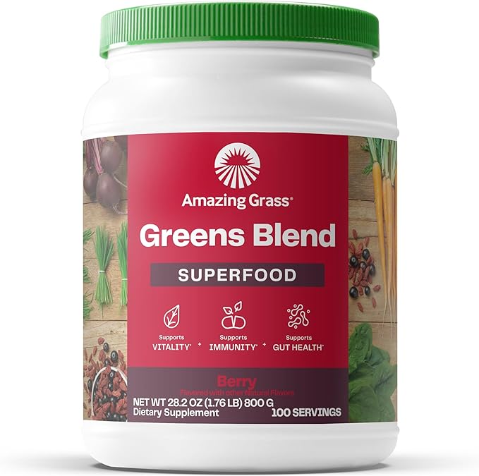 Amazing Grass Greens Superfood Powder: Greens Powder with Digestive Enzymes & Probiotics, Organic Spirulina, Chlorella, and Beet Root Powder, Berry, 100 Servings