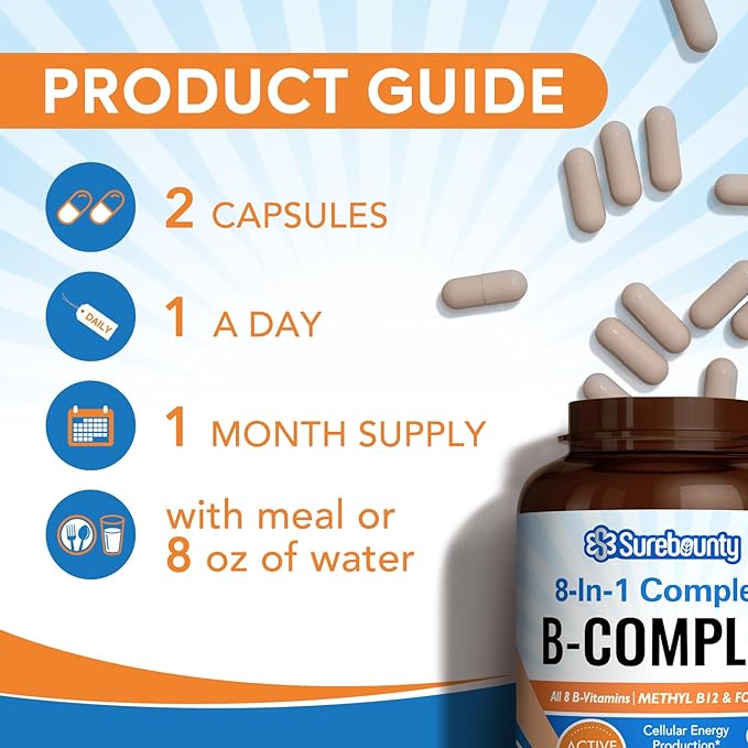 8-in-1 Complete B Complex, All 8 B12, B1, B1, B2, B2, B3, B3, B5, B5, B6, B6, B9, B9, Biotin, 60 Caps