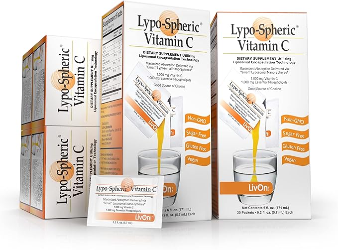 LivOn Laboratories Lypo–Spheric Vitamin C – 6 Cartons (180 Packets) 1,000 mg 1,000 mg 100% Non–GMO