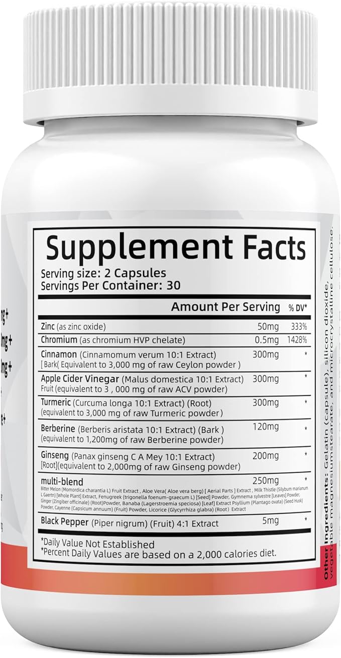 Ceylon Cinnamon 3000mg, Apple Cider Vinegar 3000mg, Turmeric 3000mg, Ginseng 2000mg, Berberine 1200mg - All-in-1 Supplement 60 Capsules