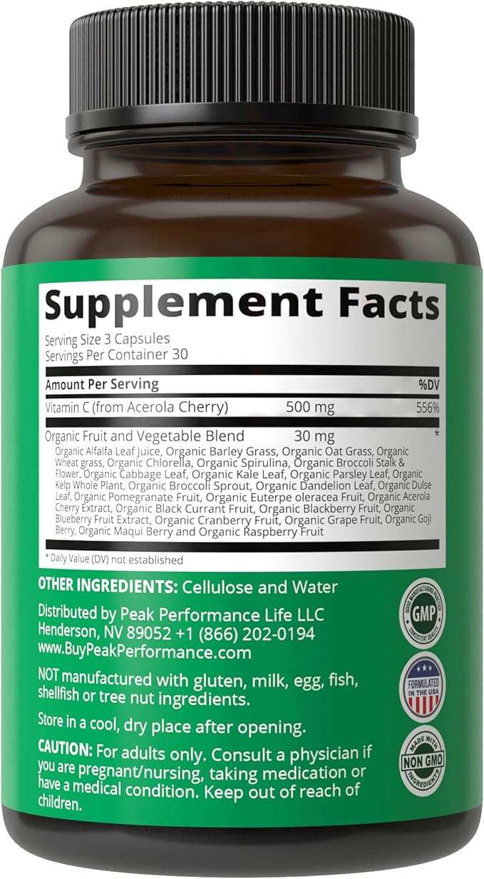 Peak Performance Raw Whole Food Natural 90 Pills. 500 mg 2 servings 1000mg