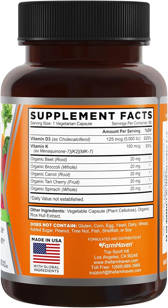 FarmHaven Vitamin D3 K2 Capsules - 5000 IU D3 and 100 mcg K2 - Cholecalciferol MK7 with Veggie Fruit Blend - Vitamin D K2 Supplement for Immune System & Heart Health - Vegetarian, Non-GMO, 90 Caps