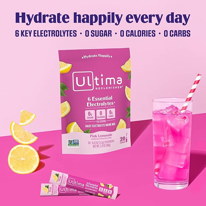 Ultima Replenisher Daily Electrolyte Powder Drink Mix – Pink Lemonade, 20 Stickpacks – Hydration Packets with 6 Electrolytes and Trace Minerals – Keto Friendly, Vegan, Non-GMO and Sugar-Free