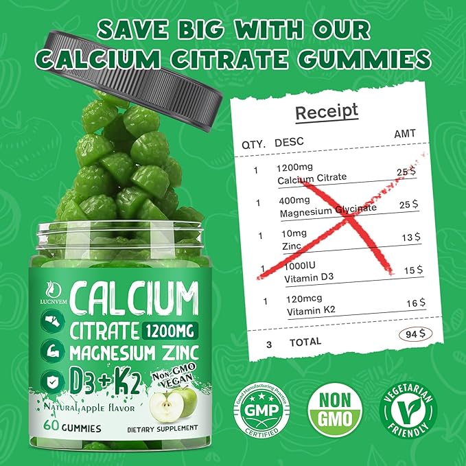 Calcium Citrate 1200 mg with Vitamin D3 Gummies, Calcium Citrate Magnesium Zinc with Vitamin D3 Supplement for Women & Men Bone & Teeth Support, Natural Apple Flavor - 30 Day Vegan Supply