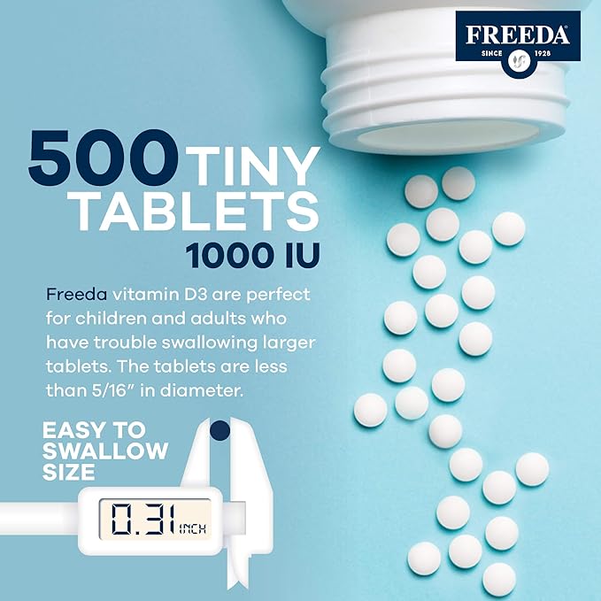 FREEDA Vitamin D3-1000 IU - Pure High Potency Kosher Supplement Tablets - Bone and Muscle Health, Calcium Absorption, Immune Support for Men and Women* - 500 Count