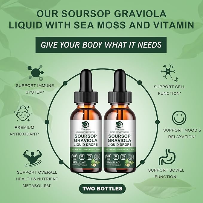 (2 Pack) Soursop Graviola Leaf Extract Liquid Drop Plus Pure Botanical Sea Moss for Cell Support & Regeneration, Immunity, Liver, Zzz & Antioxidant - Soursop Bitters Liquid, 2 Month Supply, 1 Fl Oz