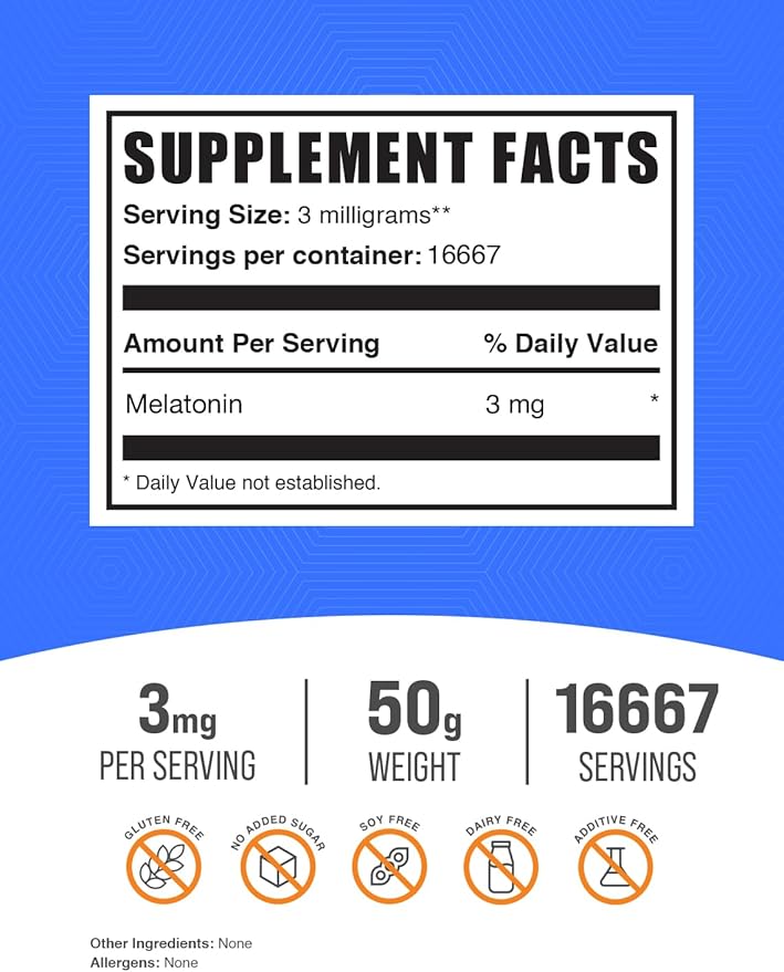 BulkSupplements.com Melatonin Powder - Sleep Supplement, Melatonin for Adults, Melatonin 3 mg - Vegan Melatonin, Pure & Gluten Free, 3mg per Serving, 50g (1.8 oz) (Pack of 1)