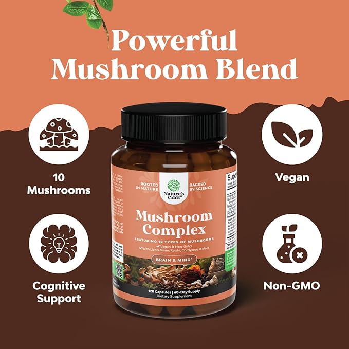 Extra Strength Mushroom Complex Capsules 10X Lions 1330mg Adaptogenic (2 Months)