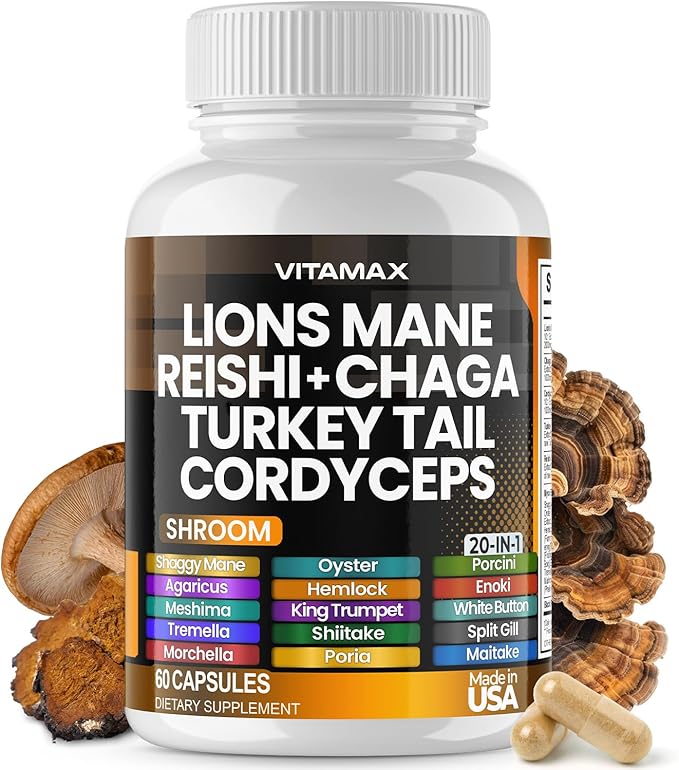 Lions Mane Mushroom 3000mg Turkey Tail 2000mg Chaga & Reishi 1000mg Cordyceps Shiitake White Elm King Trumpet Nameko Oyster Focus & Energy - Made in USA 60ct