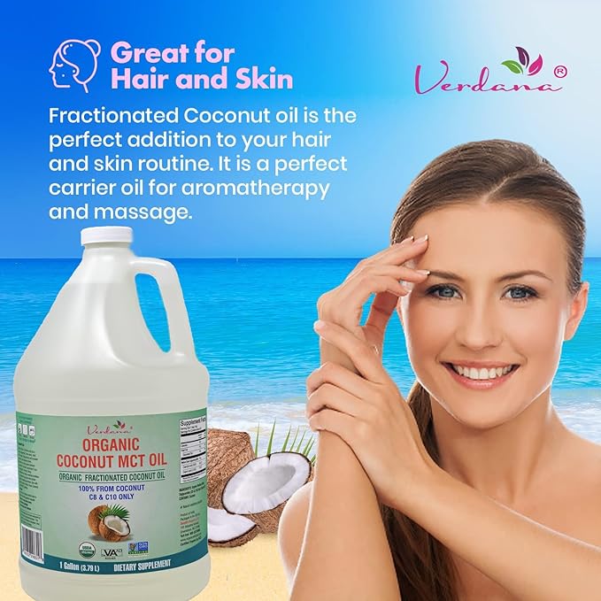Verdana USDA Certified Organic Coconut MCT Oil –Fractionated Coconut Oil – No Palm Kernel Used – Kosher, Food Grade, Non-GMO – Great for Keto and Paleo Diets, Oil Pulling Rinse Mouthwash – 1Gallon