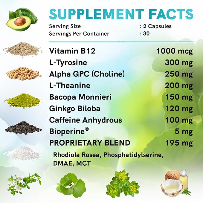 12-in-1 Nootropic Brain Supplement w/ Caffeine Anhydrous: Ginkgo Biloba for Brain Support, Memory & Focus - B12, Alpha GPC, L Theanine & Choline Supplements with Bioperine with 1321mg, 60ct (2 Pack)