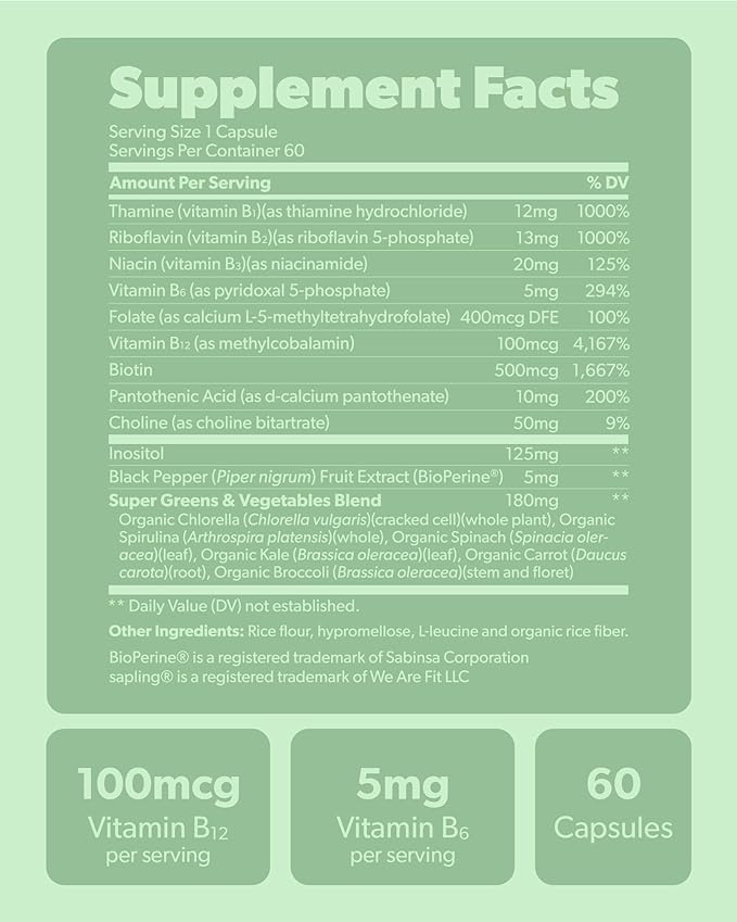 sapling Vegan Vitamin B Complex B1, B2, B2, B3, B3, B5, B5, B6, B6, B7, B7, Folate, B12-60 Caps