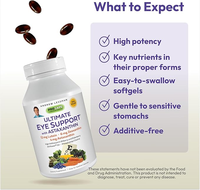 ANDREW LESSMAN Ultimate Eye Support 60 Softgels 12mg Lutein, 6mg Zeaxanthin, 4mg Astaxanthin,