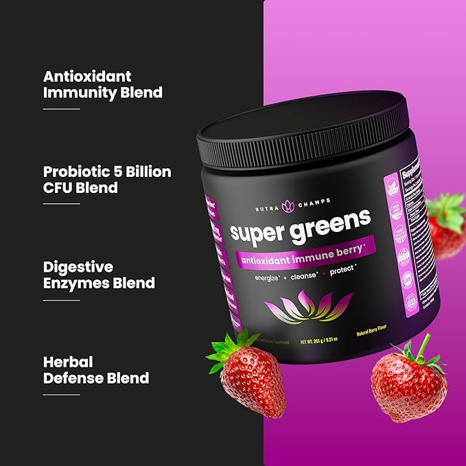 NutraChamps Super Greens Powder Premium Antioxidant Superfood, 40+ Greens and Superfoods Including Wheatgrass & Spirulina, Probiotic Powder Greens, Sweet Berry