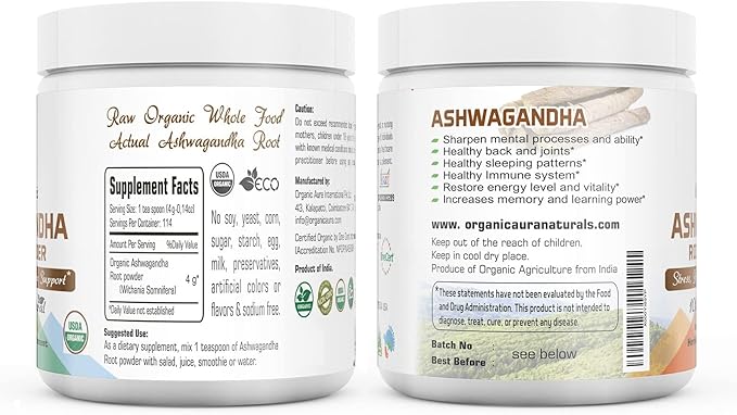 Certified Organic Ashwagandha Root Powder 8Oz -1/2Lb. Enhances 100% Pure