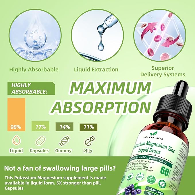 Potassium Magnesium Supplement Liquid Drops Plus Calcium Omega-3 D3 B6 K2, Organic Liquid Potassium Magnesium Aspartate, Citrate, for Leg Cramp, Vascular Muscle & Electrolyte Balance 2 Fl/Oz