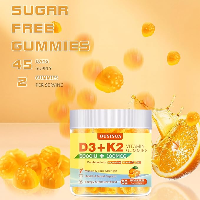 Vitamin D3 K2 Gummies, Vitamin D3 5000IU with K2 (MK-7) 100mcg Gummy for Women and Men, Sugar-Free D3 K2 Supplement with Magnesium, Vitamin C, Zinc Support Muscle, Bones & Immune