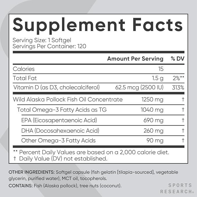 Sports Research Triple Strength 1040mg Omega-3 D3 2500iu 2500iu | 2-in-1 Vitamin 120 Softgels