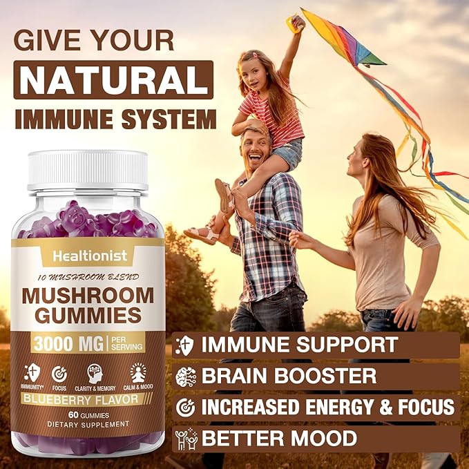 2 Packs 3000MG Mushroom Complex Gummies 10 Blend - Lion's Mane Gummies for Adults, Cordyceps, Shiitake, Reishi, Chaga, Brain, Immune Support & Stress Relief, Energy Mushroom Supplement for Men & Women