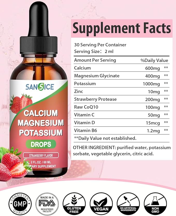 Calcium Magnesium Potassium Supplements,Magnesium Glycinate 400mg (60ml/Strawberry Flavor)