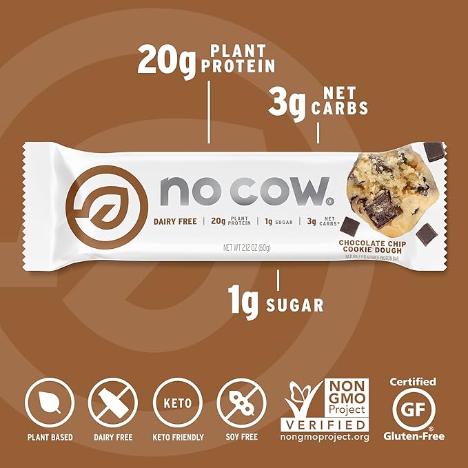 No Cow High Protein Bars, Chocolate Chip Cookie Dough - Healthy Snacks, 20g Vegan Protein, High Fiber, Low Sugar, Keto Friendly, Dairy & Gluten Free (12 Count)