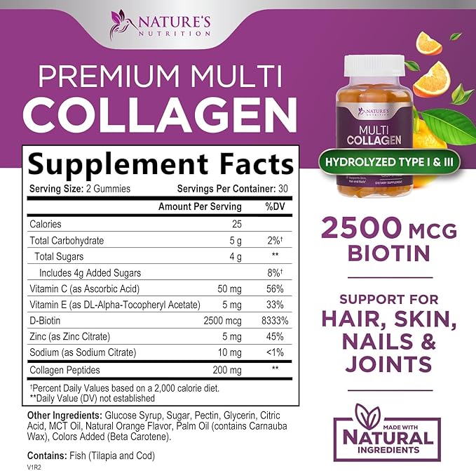 Collagen Gummies with 2500mcg Biotin, Vitamin 1 & 3 Collagen 60 Count