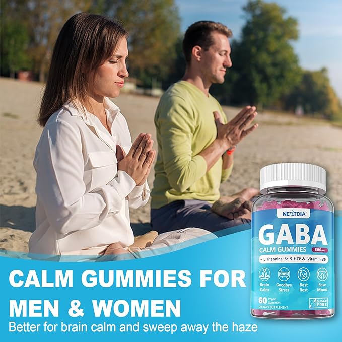 GABA Gummies 500 mg - Sugar-Free Calm Gummies with L Theanine, 5-HTP, Vitamins D3, B12, Ashwagandha, Melatonin-Free for Brain Calm, Mood, Zzz Better, GABA Supplement for Adult, Blueberry Flavor, 1Pack
