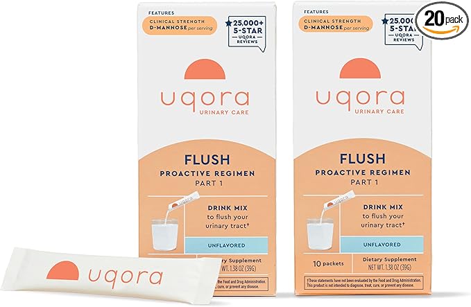 Uqora Flush - Urinary Tract* with D-Mannose, Vitamin C, Vitamin B6, Potassium, Magnesium & Calcium - Gluten-Free & Vegan - Unflavored - 20 Packets (2 Pack)