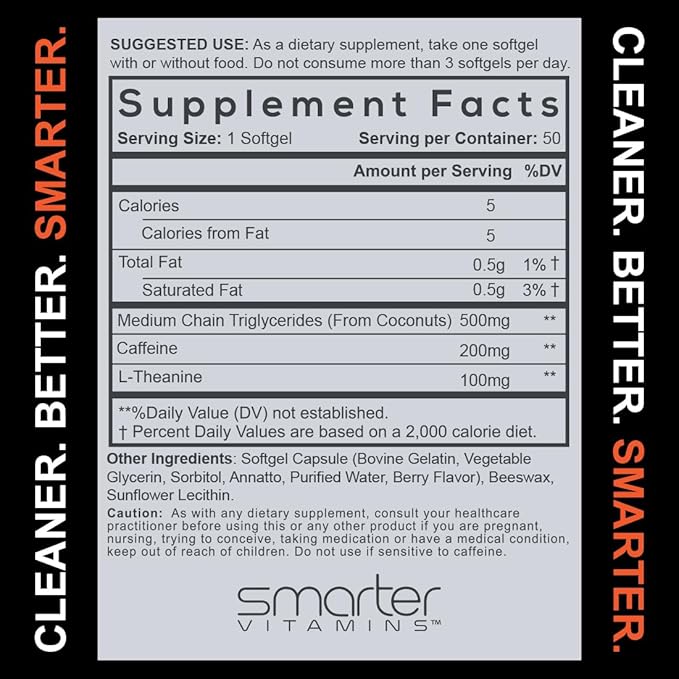 200mg Caffeine Pills - MCT Oil from 100% Coconuts + 100mg L-Theanine, Advanced Energy, Clean Focus and Perfect Clarity + All Natural Smooth Extended Release
