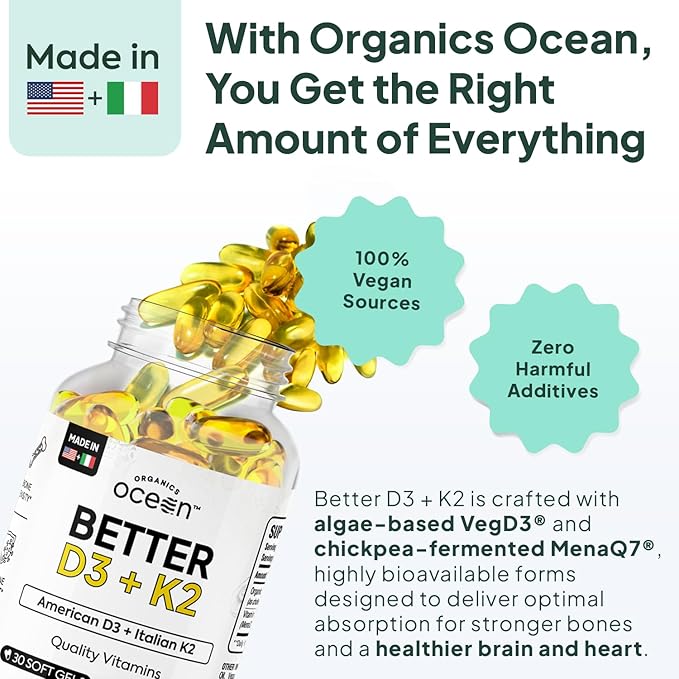 Better D3 + K2-100% Organic VIT D3 and K2 Supplements with Maximum Bioavailability - Supports Bone Density, Calcium Balance, Immunity & Mood - 1-Pack, 30-Day Supply