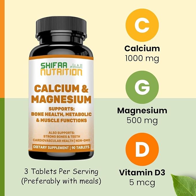 Halal Calcium Magnesium Supplement w/Vitamin D3 1,000 mg, 500mg | 30 Servings,