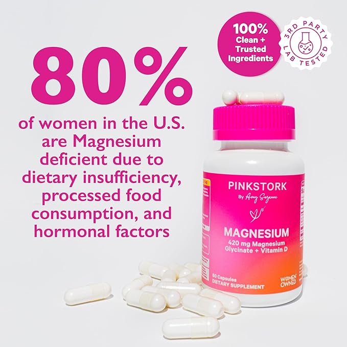 Pink Stork Magnesium Glycinate with Vitamin D - Magnesium Supplement for Women to Support Natural Calm, Mood, and Sleep - Hormone Balance for Women - 60 Capsules, 1 Month Supply