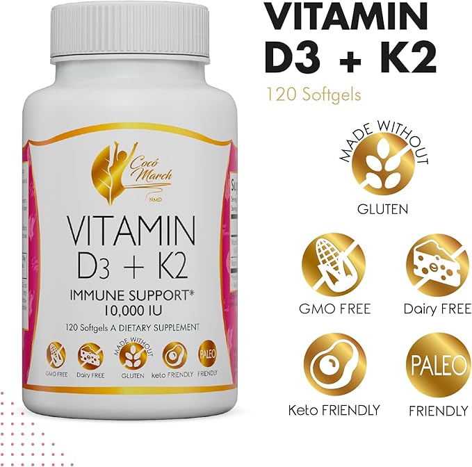 Coco March Vitamin D3+K2 10,000 IU 4 Month 250 mcg D3-180 mcg K2