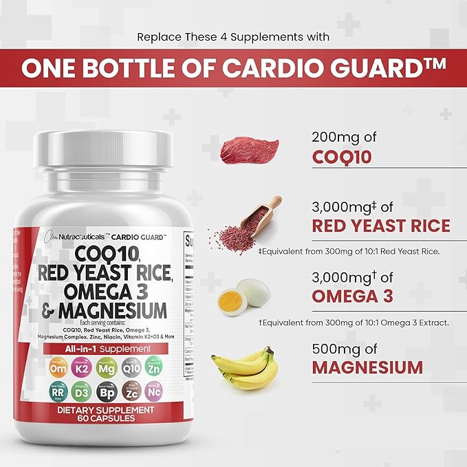 COQ10 200mg Red Yeast Rice 3000mg 3 3000mg 3000mg Magnesium 500mg Niacin K2 D3 D3 - B3, Coenzyme Q10-60 Ct