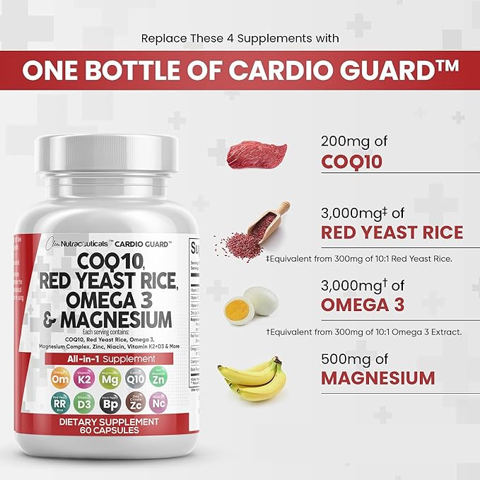 COQ10 200mg Red Yeast Rice 3000mg 3 3000mg 3000mg Magnesium 500mg Niacin K2 D3 D3 - B3, Coenzyme Q10-60 Ct