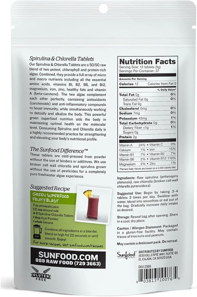 Sunfood Chlorella Spirulina Tablets - Spirulina and Chlorella Capsules, Chlorella Powder Pills, Green Algae Supplement Rich in Chlorophyll, Broken Cell Wall, Vegan - 4 oz Bag