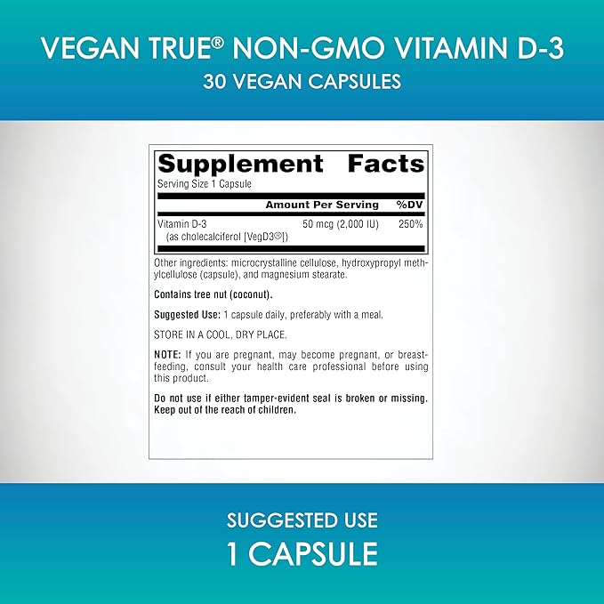 Source Naturals Vegan True, Non-GMO Vitamin D-3, Dietary Supplement for Immune and Bone Health*, 2,000 IU - 30 Capsules