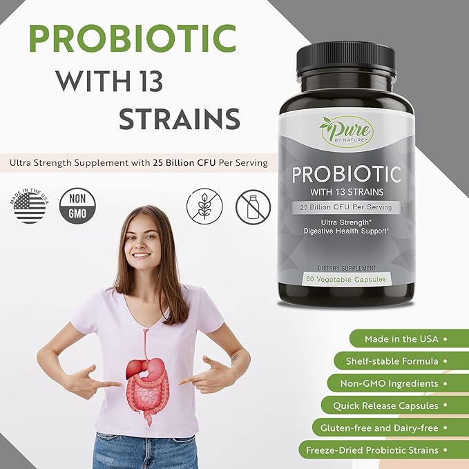Pure By Nature Shelf Stable Probiotics for Men and Women, Supports Digestive Health, Gut Health and Immunity, Soy and Gluten-Free, 60 Vegan Capsules
