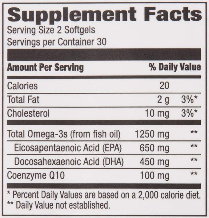 Amazon Brand - Revly Omega 3 CoQ10 with Omega-3 fatty 60 Softgels (1250 mg 3s and 100 mg CoQ10 per