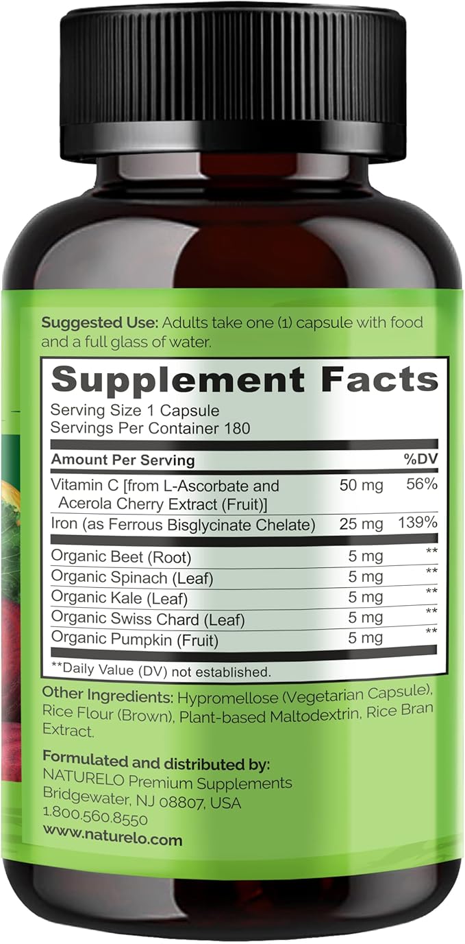 NATURELO Vegan Iron Supplement with Vitamin 180 Mini
