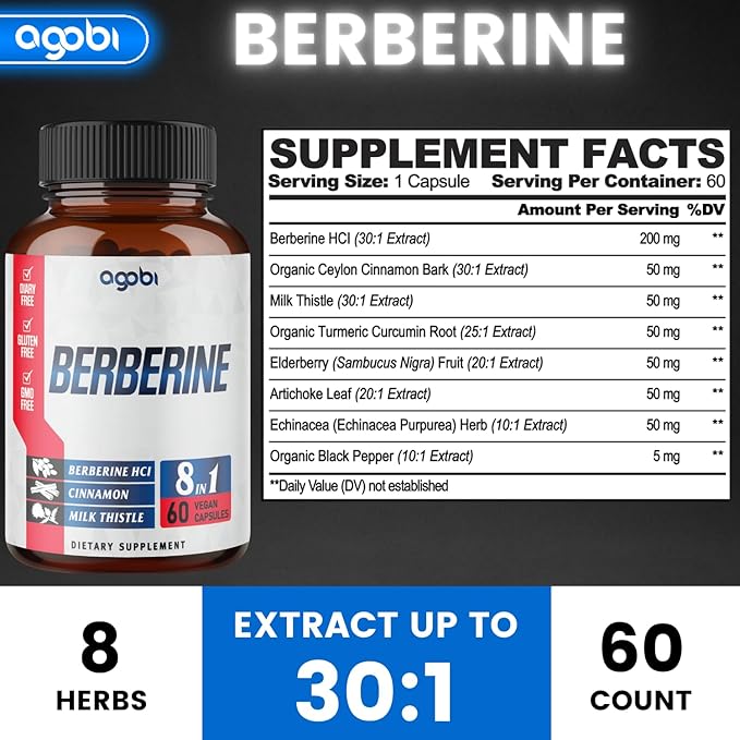 Berberine Supplement with Ceylon, Milk Thistle, 60 Counts 2 Months