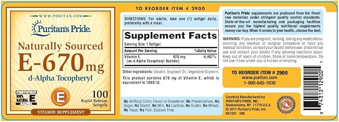 Puritan's Pride Vitamin E-670 mg 100% Natural-100 Softgels(Package