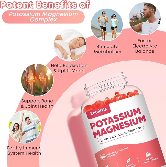 Potassium Magnesium Supplement Gummies for Adults Kids, Magnesium Glycinate Gummies 600mg & Potassium Citrate 1000mg, Plus Multivitamin,Omega-3 & Black Pepper, Leg Cramps, Muscle & Heart Health, 120ct