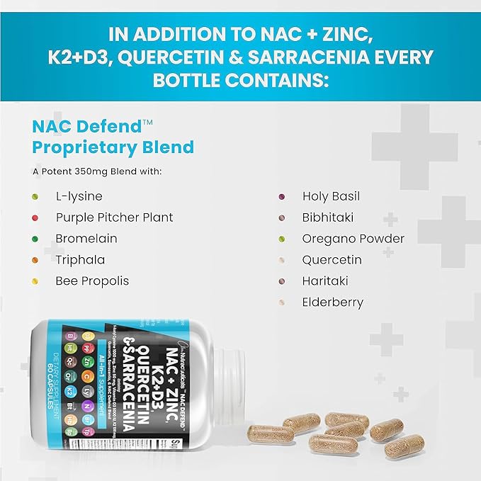 Clean Nutraceuticals NAC Supplement N-Acetyl Cysteine 1000mg Vitamin D3 K2 K2 Zinc 1000mg Sarracenia 1000mg with 60 Count