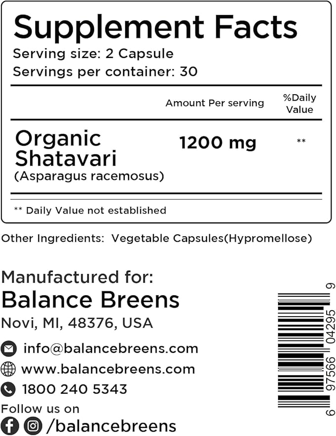 Organic Shatavari 1200mg, 60 Capsules - Lactation Support Vitamins, Hormonal Balance for Women, Asparagus Racemosus Root