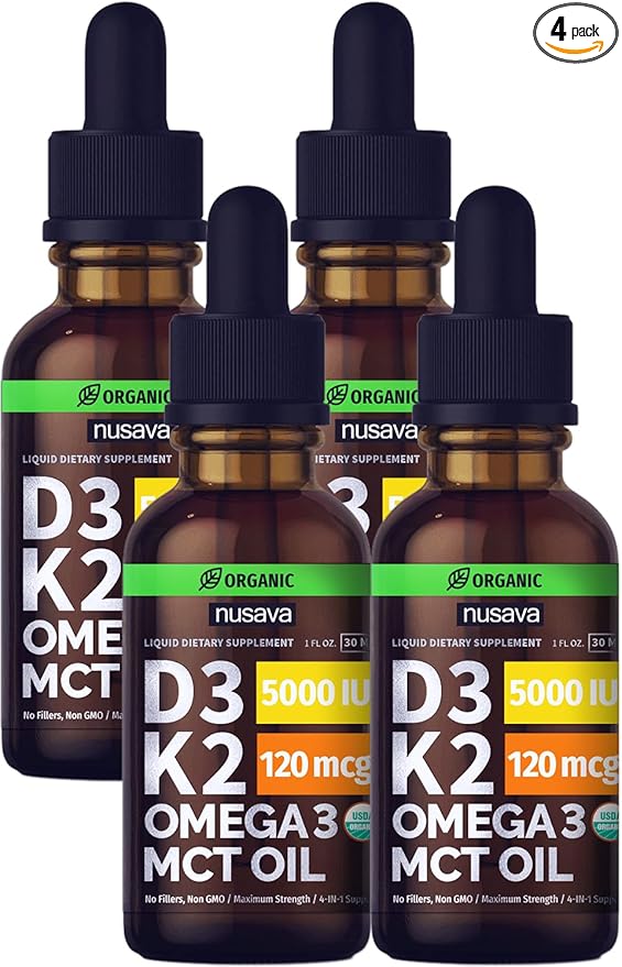 (4 Pack) Organic Vitamin D3 K2 3, 5000 5000 IU, 5000 IU, D3 for 4 Fl