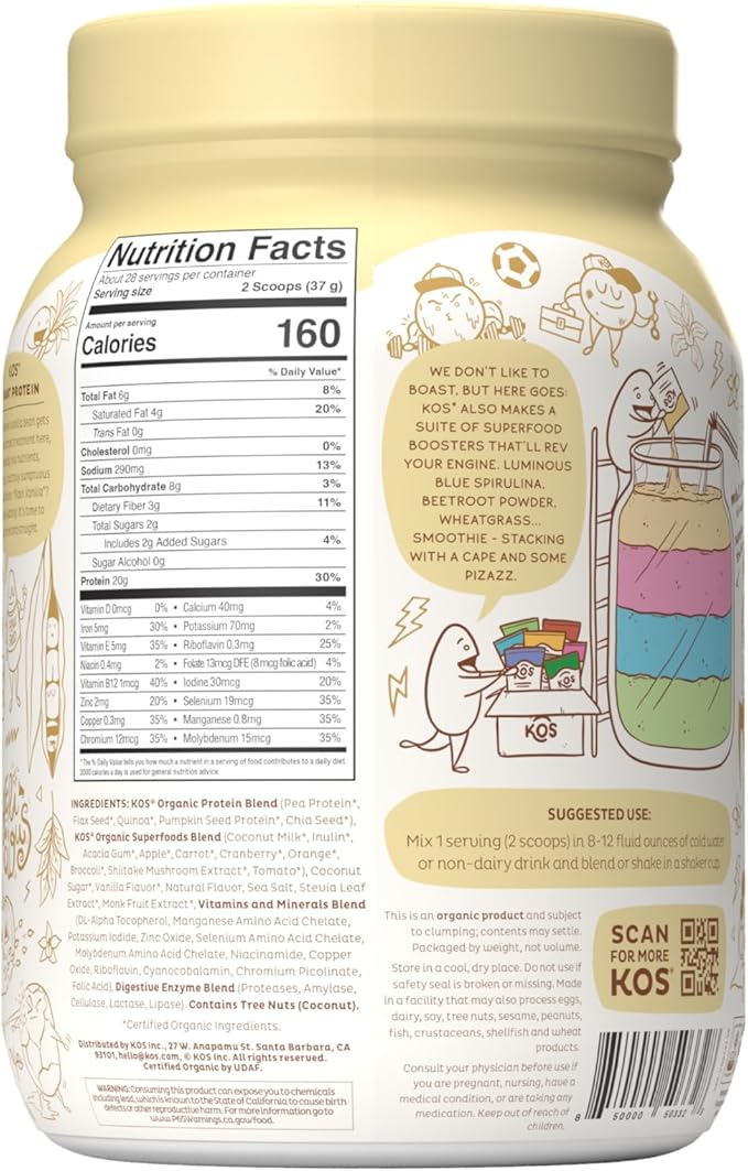 KOS Vegan Protein Powder Erythritol Free, 28 Servings