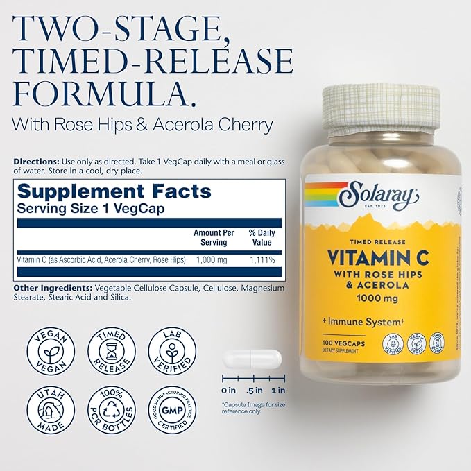 SOLARAY Vitamin C 1000mg 60 Day 100 Servings, 100 VegCaps