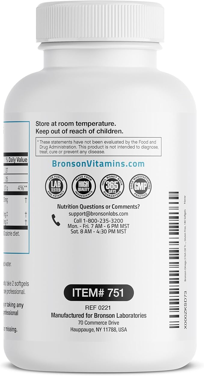 Bronson Omega 3 Fish Oil Triple 2720 mg, 1250 mg 488 mg, 180 Softgels